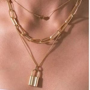 NEW 18 karat yellow gold plated triple layer lock and heart necklace jewelry B21